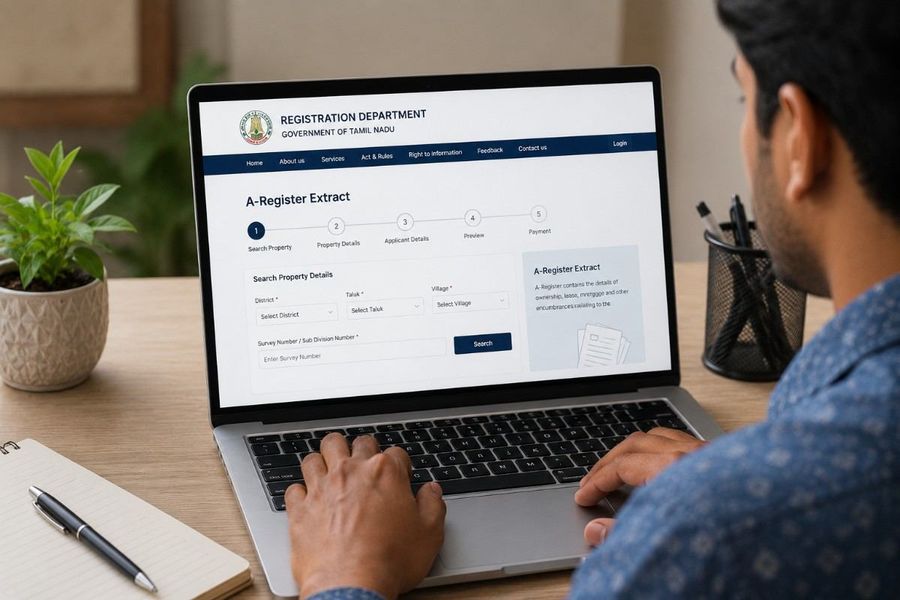 Property owner using the Tamil Nadu Registration Department website to search and apply for an A-Register extract online.
