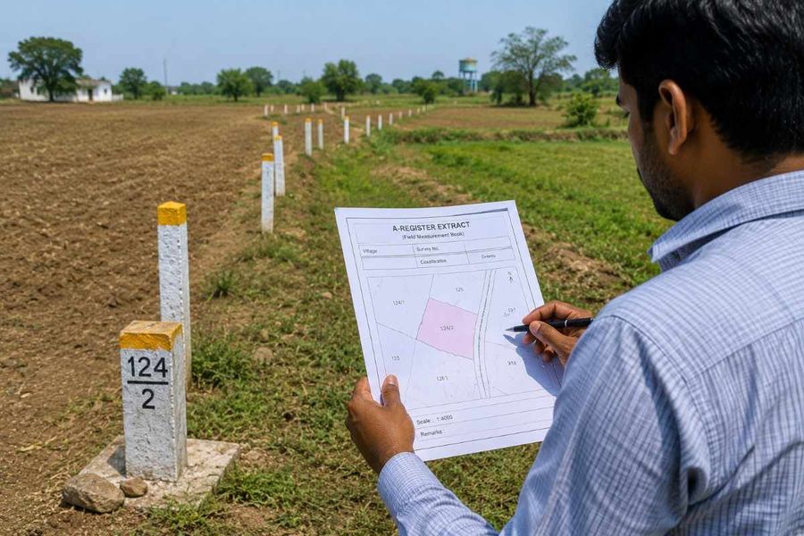 Property owner comparing a Tamil Nadu A-Register extract with a survey boundary marker in an agricultural field.