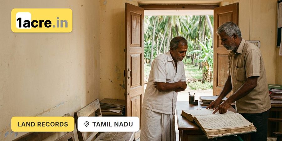 Village officer showing a land register to a farmer in a Tamil Nadu village office