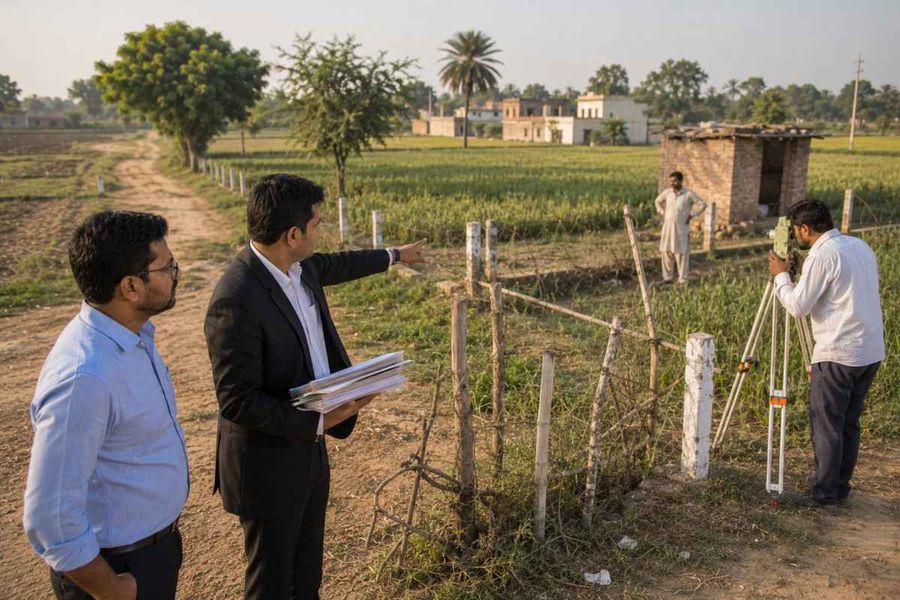 Legal advisor and property owners inspecting agricultural land boundaries with a surveyor during a property dispute verification in India.
