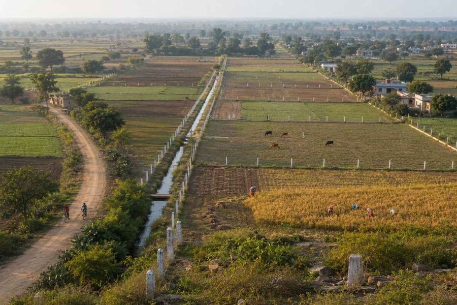Aerial view of demarcated farm plots divided by an irrigation canal and boundary markers.