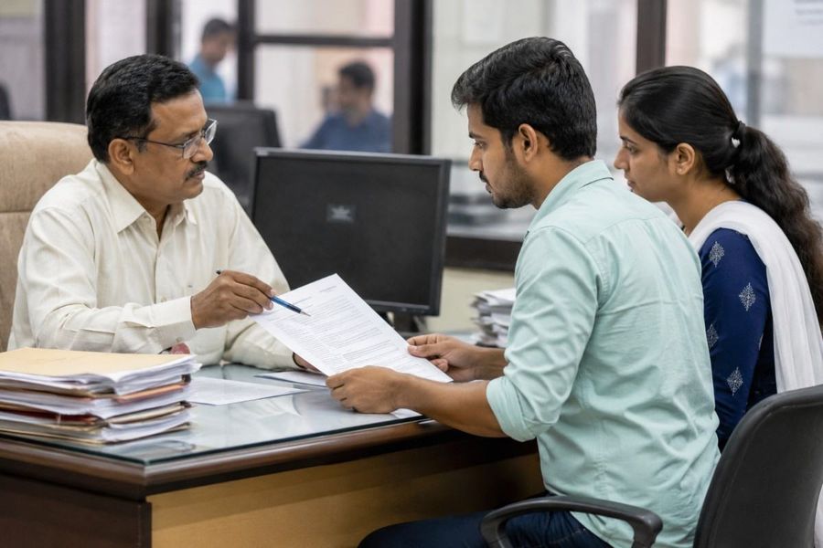 Indian couple reviewing a property document with a government official at an office counter.