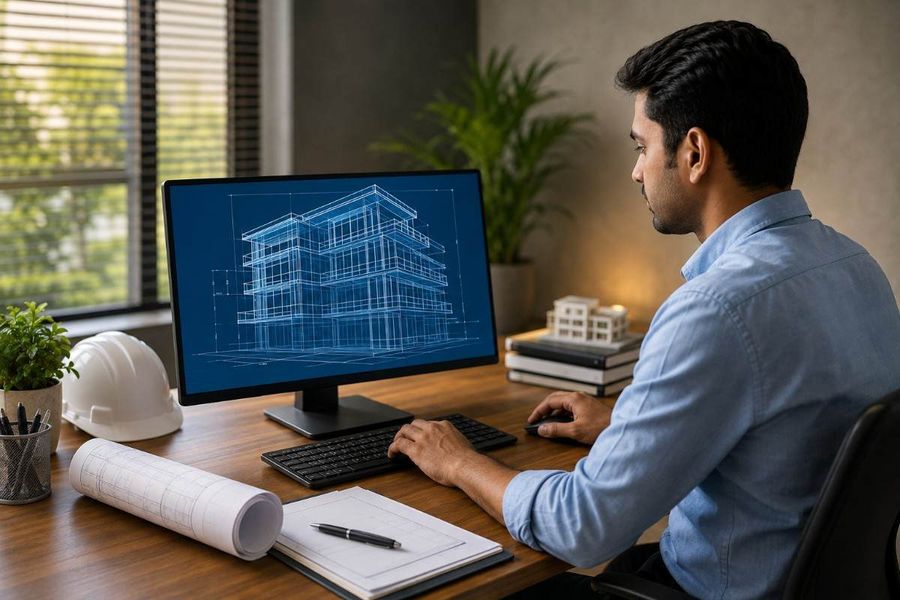 Indian professional reviewing a detailed 3D architectural building design on a computer, with construction drawings, a building model, and a safety helmet on the desk.