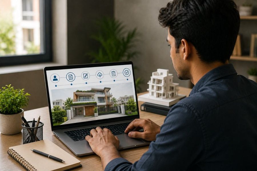 Indian man reviewing a property verification and registration process on a laptop with a house model beside him.