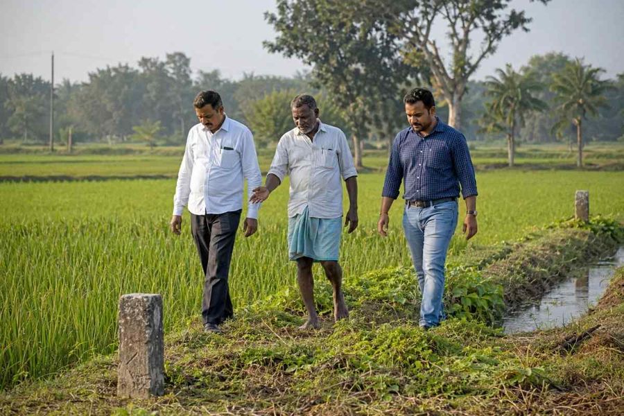 buyer-farmer-boundary-walk-paddy-field