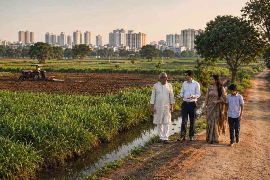 family-walking-farmland-city-skyline-view
