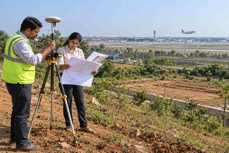 Surveyor using GPS equipment on land near an airport to check height limits under the funnel zone