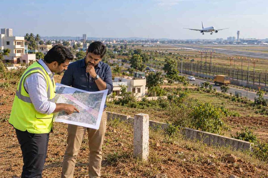 Two men studying a land map near houses as a plane descends toward an airport in the background