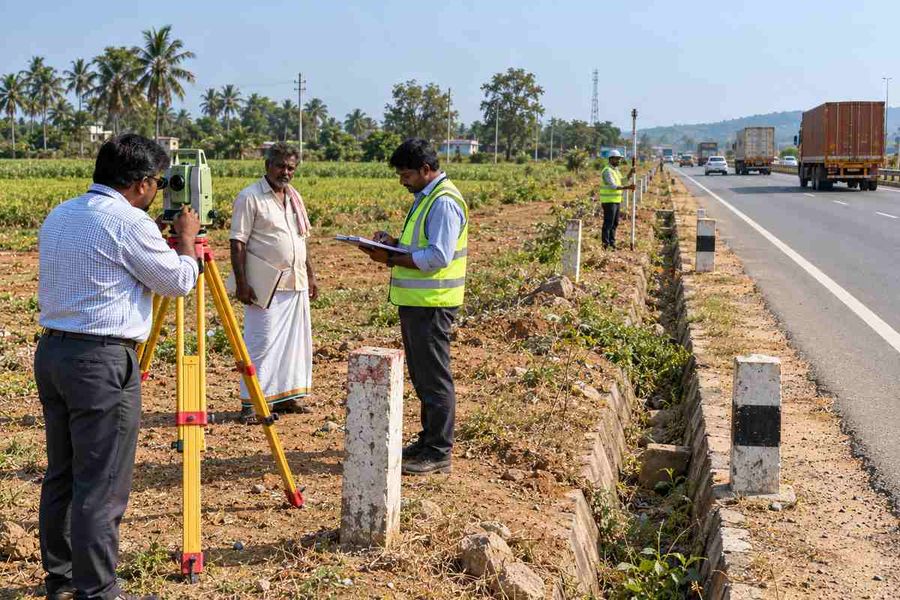 Surveyor with a total station marking land near a national highway as officials note widening limits