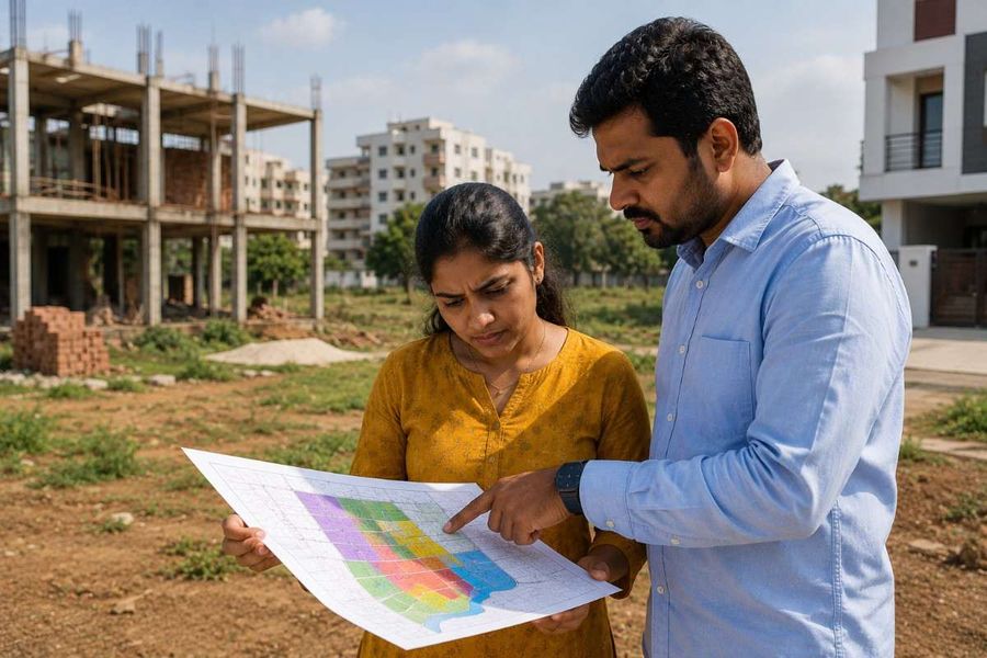 Indian couple reviewing a color-coded land-use zoning map at a property development site with residential construction in the background.