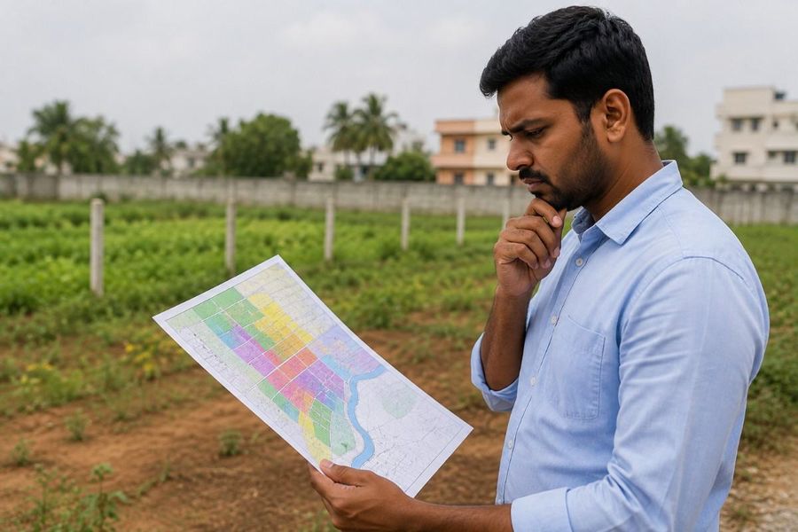 Indian landowner reviewing a zoning map on agricultural land after discovering that his property falls in an unexpected development zone.