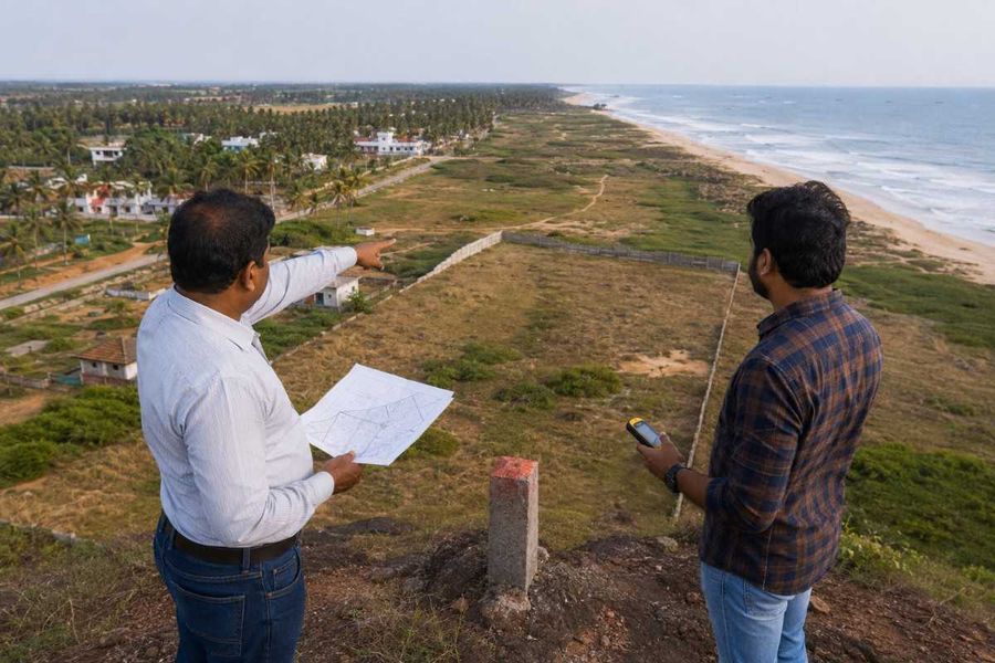 Two men reviewing a survey map and boundary marker overlooking a coastal plot near the beach.