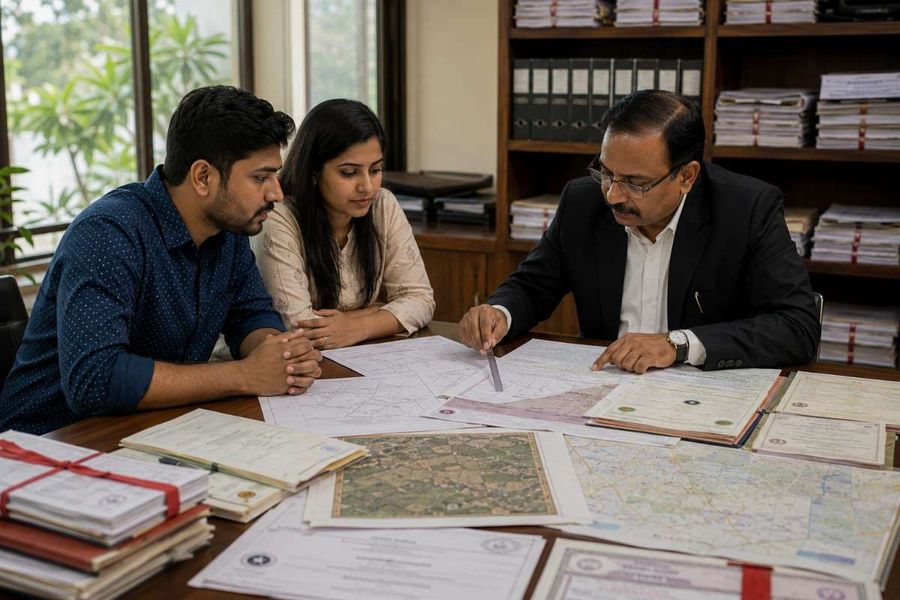 couple-verifying-land-title-documents-with-legal-advisor