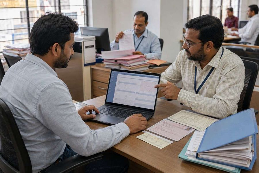 Two men reviewing land records and property details on a laptop in an office.