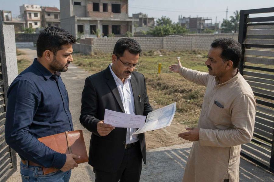 Property officials and landowner reviewing documents and discussing a residential plot during a site inspection.