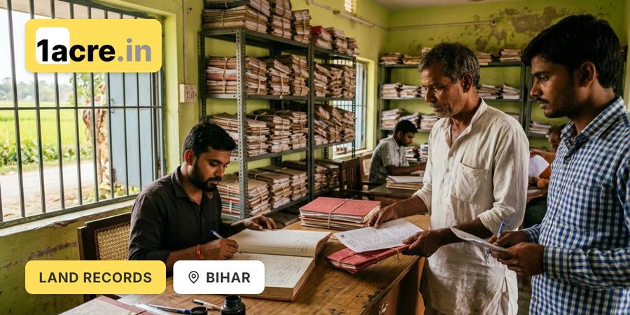 Farmer and buyer submitting a registered sale deed and mutation application at a rural revenue office in Bihar