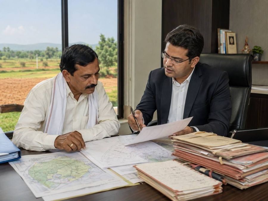 Developer discussing old land record bundles and survey maps with a landowner in an office.