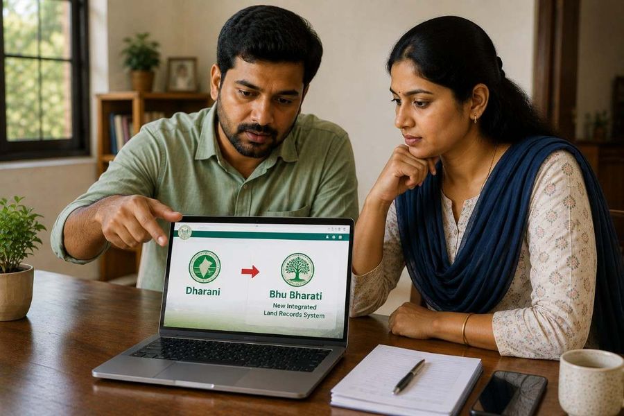 Indian couple reviewing the transition from Dharani to Bhu Bharati on a laptop for accessing Telangana land records.