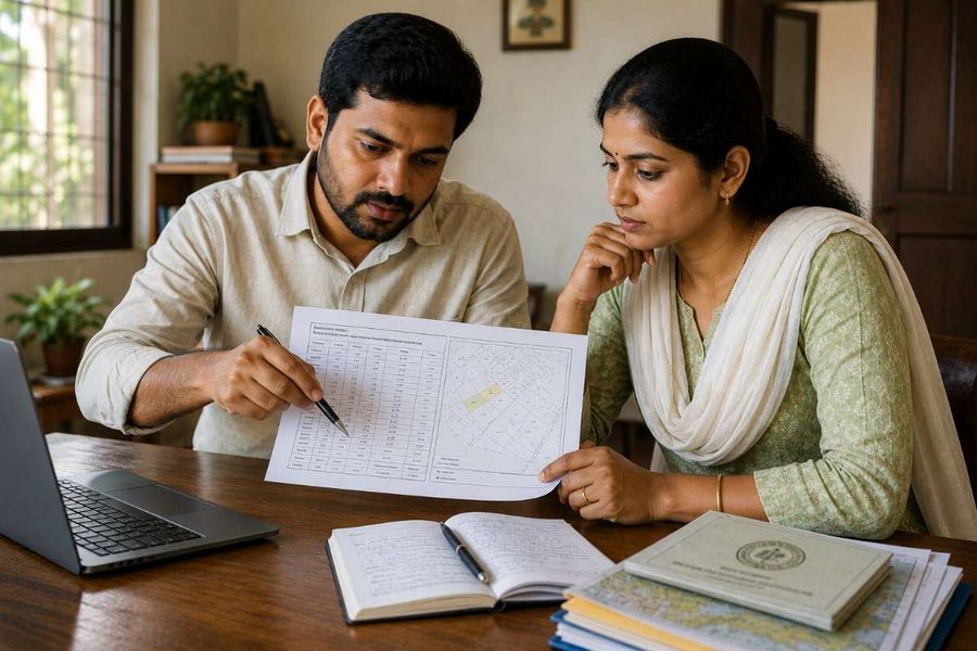 Indian couple reviewing a Telangana land survey map and parcel details with property records and a laptop.