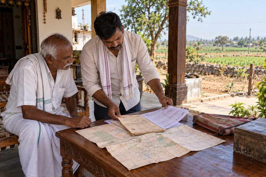 Farmer and son checking old pattadar papers and land maps at home in rural Telangana