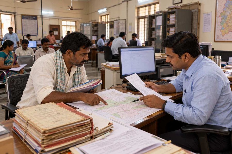 Landowner verifying his Bhu Bharathi land record with an official at a Telangana revenue office