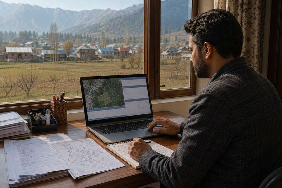 Man reviewing land maps and property details on a laptop near a scenic rural landscape.
