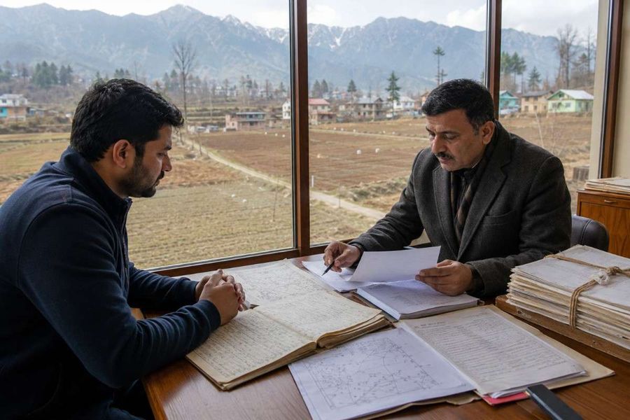 Two men reviewing land records and property documents in an office overlooking farmland.