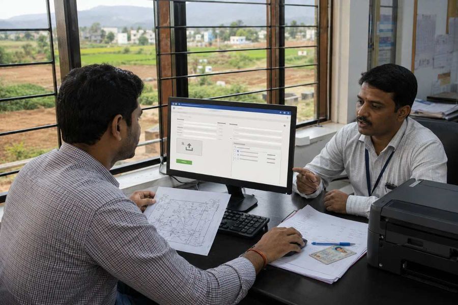 Property surveyor discussing land documents and site plans with a client in an office.