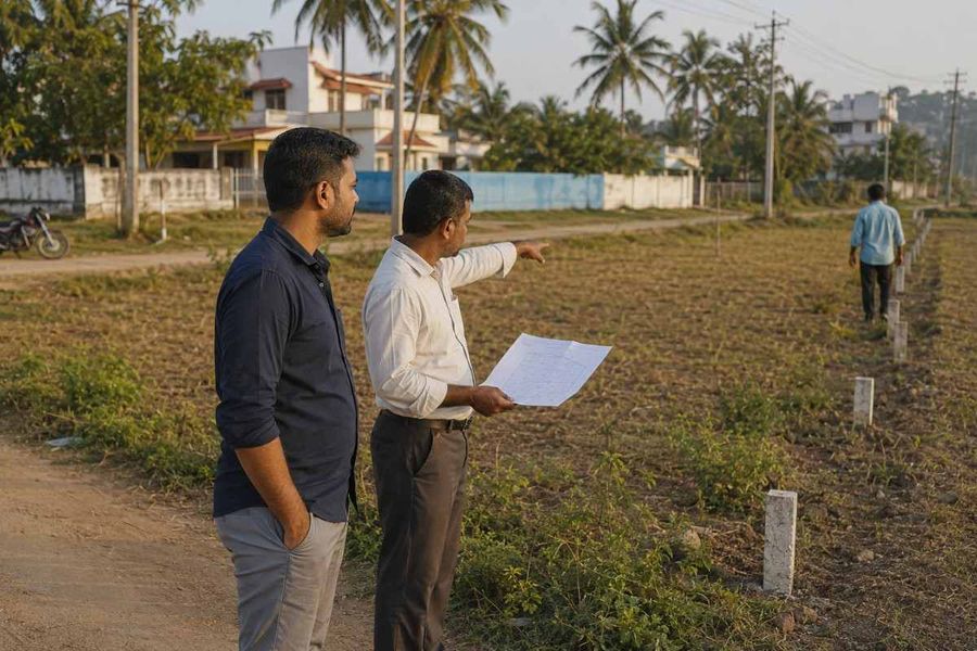Surveyor and client inspecting a land plot and reviewing property boundaries.