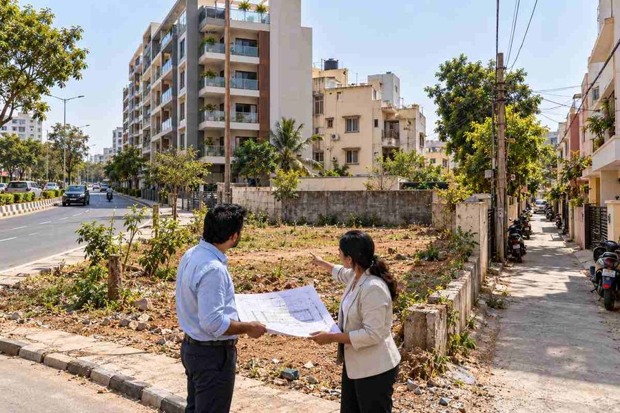 Two people studying a site plan on a vacant city plot to check how much they can build under FAR rules