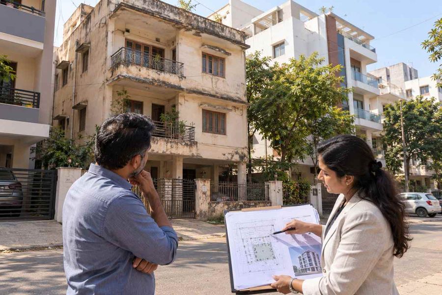 Buyer and architect comparing a floor plan beside older and newer homes built to different FSI limits