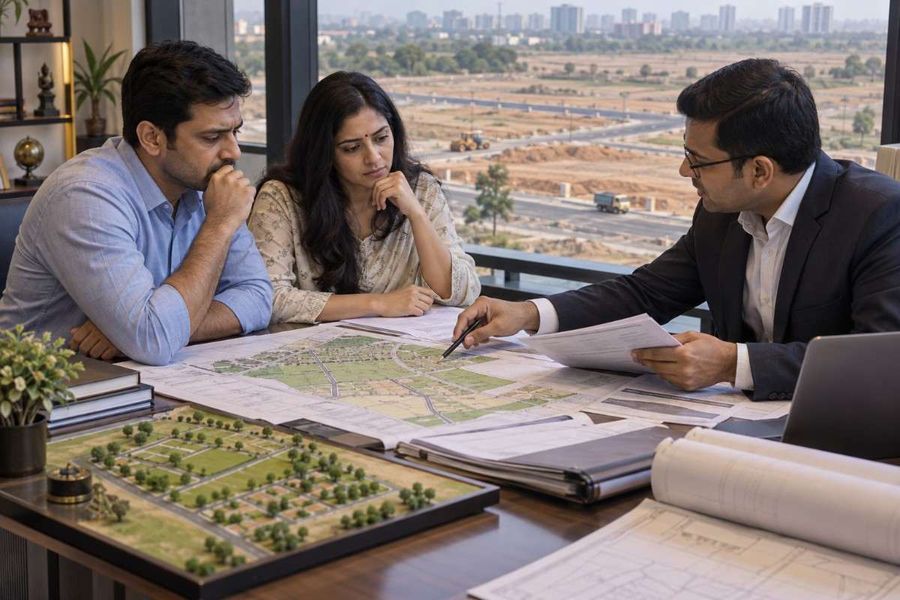 Indian couple reviewing a land development plan with a property advisor, showing plots, roads, and planned infrastructure.