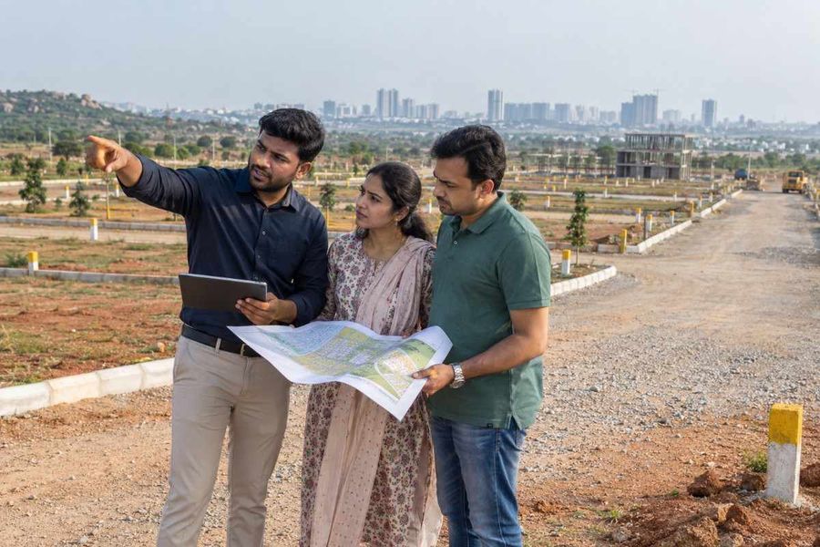 Indian family reviewing a land development plan at a plotted development site with roads, marked plots, and construction activity in the background.