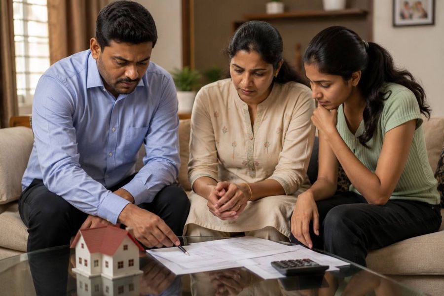 Indian family reviewing property documents and house plans with a calculator during a home purchase discussion.