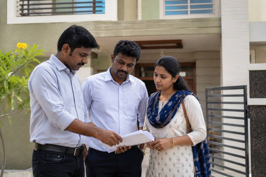 Indian family reviewing property documents outside a residential house during a property verification discussion.