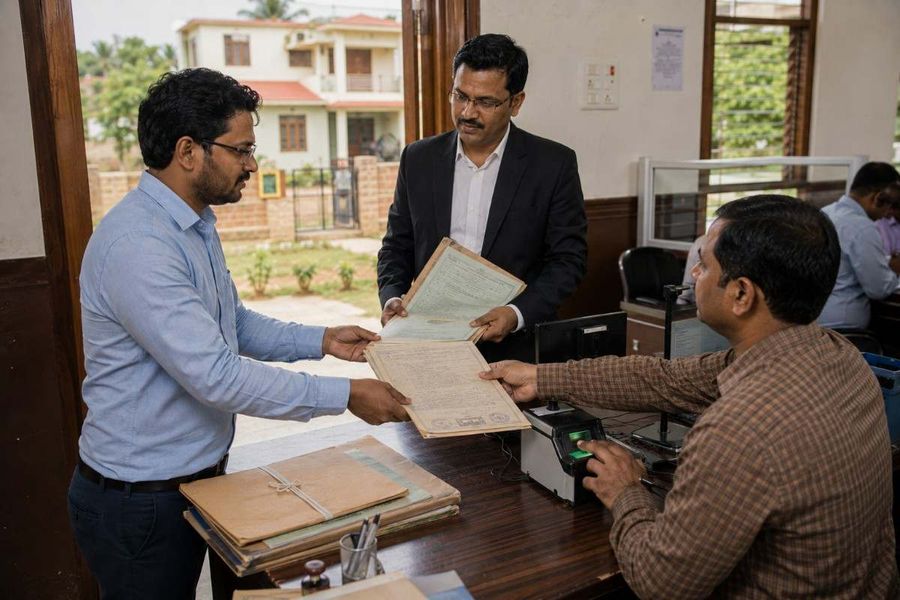 Indian man submitting a relinquishment deed and property documents to a Sub-Registrar officer for registration, with a legal advisor present.