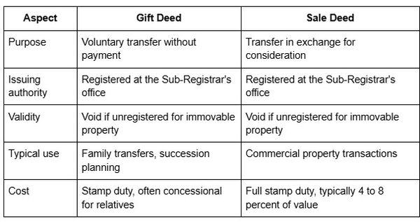 Comparison table showing the differences between gift deed and sale deed, including purpose, registration, validity, typical use, and cost.