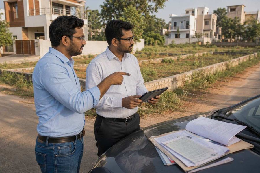 Two Indian men reviewing property documents and land records beside a car at a residential plot, with nearby homes in the background.