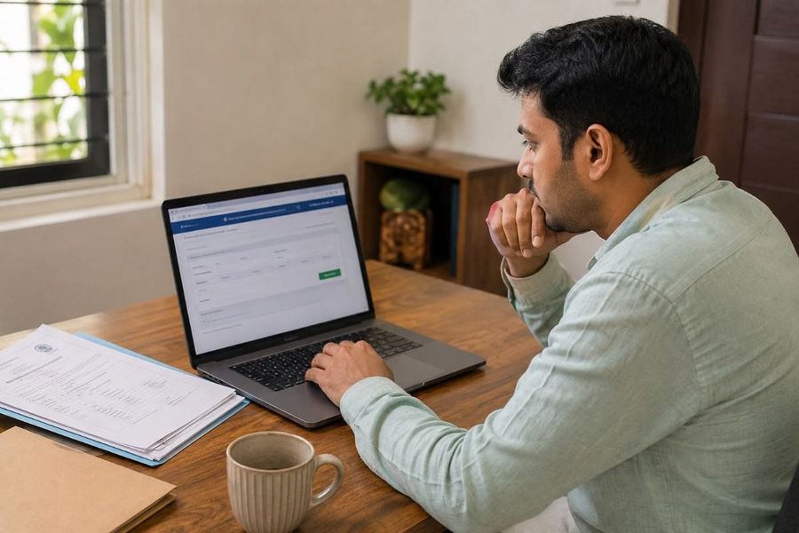 Indian man reviewing property records on a laptop at home, with official documents beside him during an online property verification process.