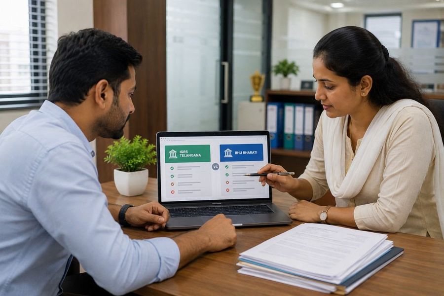 Indian man and woman comparing IGRS Telangana and Bhu Bharati property registration portals on a laptop.