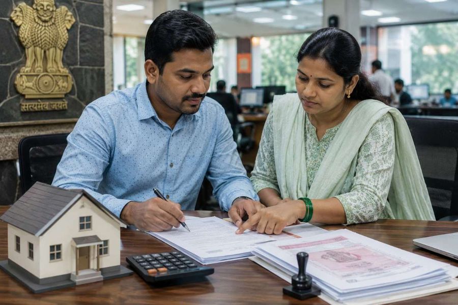 Indian couple signing property registration documents at a government office with a house model, calculator, and official paperwork on the desk.