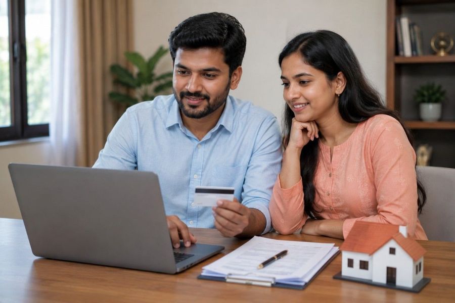 Indian couple making an online property payment with a laptop, payment card, house model, and property documents on a table.