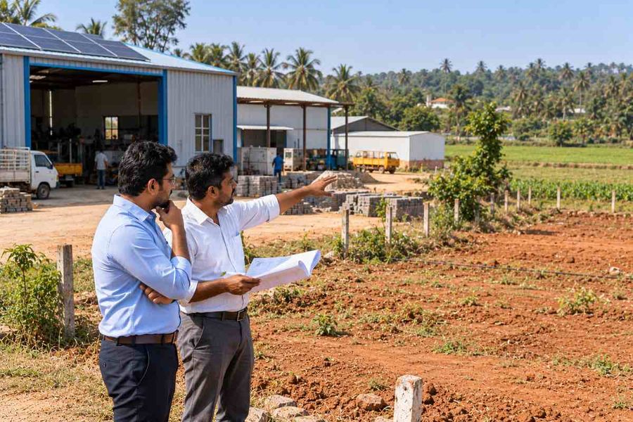 Two men reviewing plans near an industrial shed on converted farmland under the Karnataka 2025 amendment