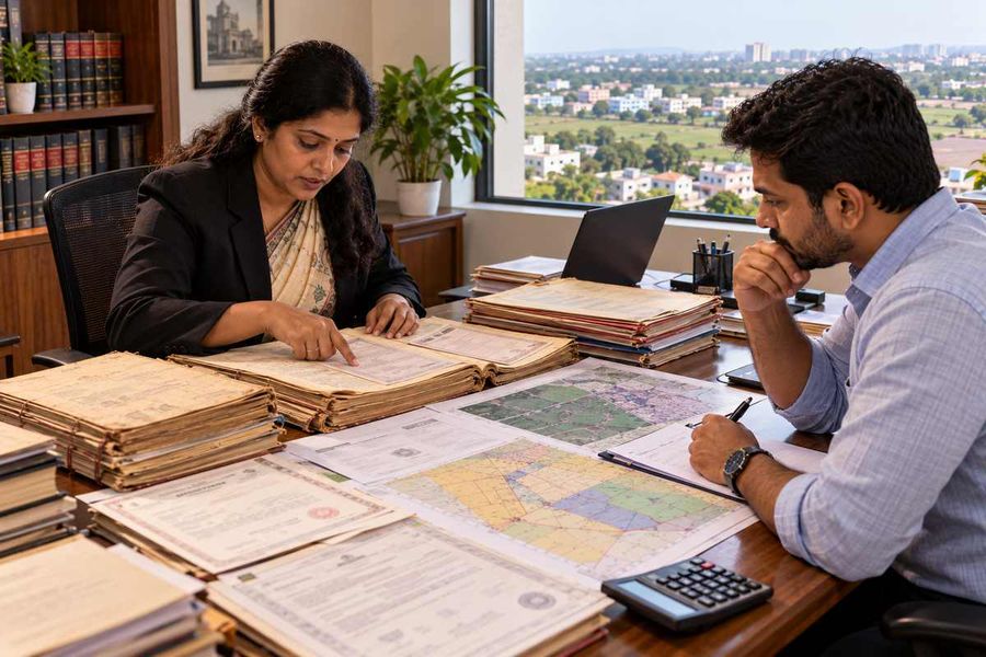 Buyer checking land records and survey maps with a lawyer before buying agricultural land in Karnataka