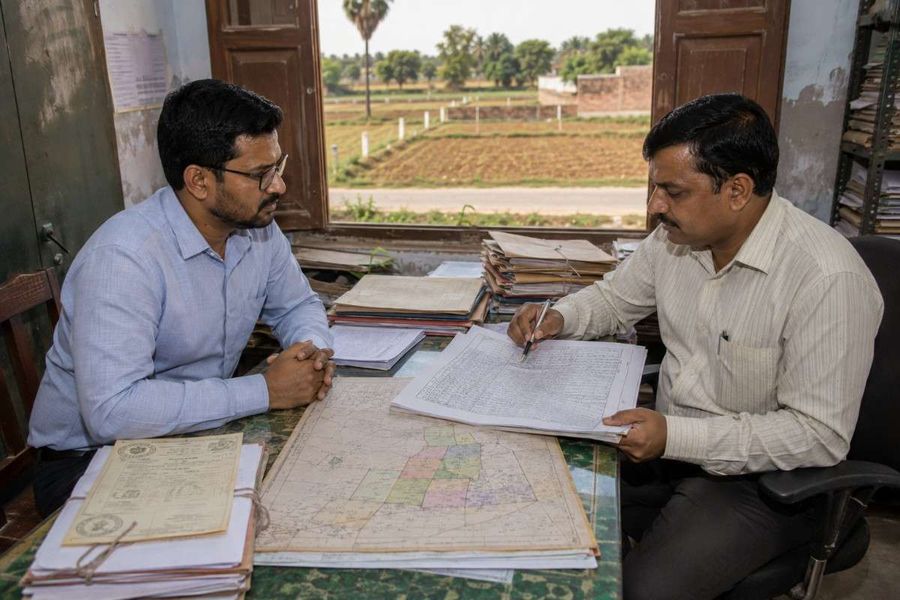 Indian property owner reviewing land records, cadastral map, and official property documents with a revenue officer at a government land records office.