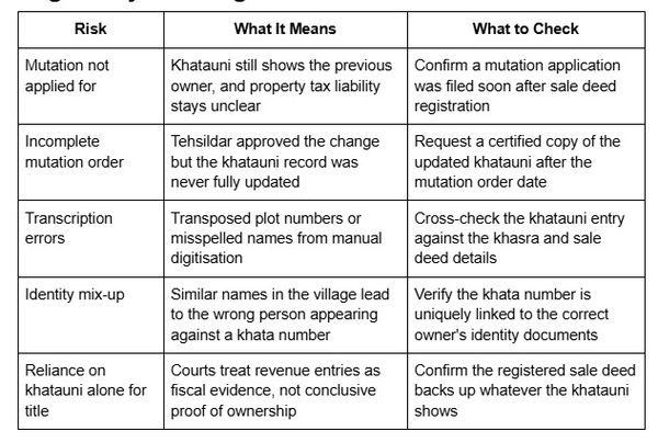 Table outlining common property mutation risks, including incomplete mutation orders, transcription errors, identity mix-ups, and reliance on khatauni records alone for title.