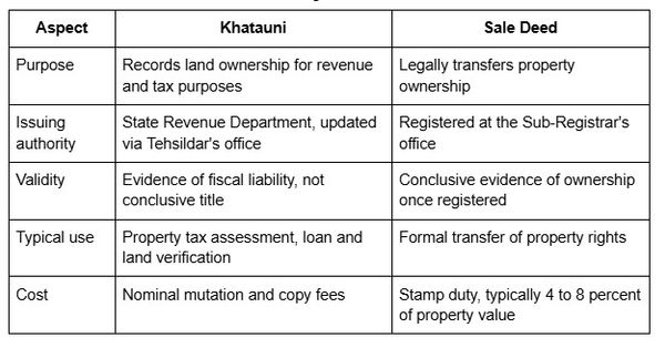 Comparison table showing the differences between a Khatauni land record and a registered sale deed, including purpose, issuing authority, validity, typical use, and cost.