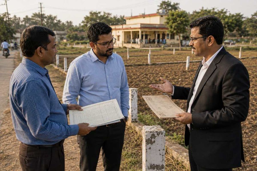 Indian property owners reviewing Khatauni land records and a property document with a legal advisor beside agricultural land.