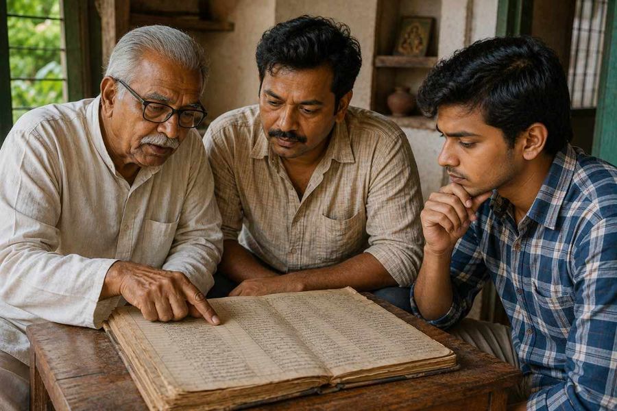 Indian family examining an old handwritten land record to verify historical property ownership and land details.