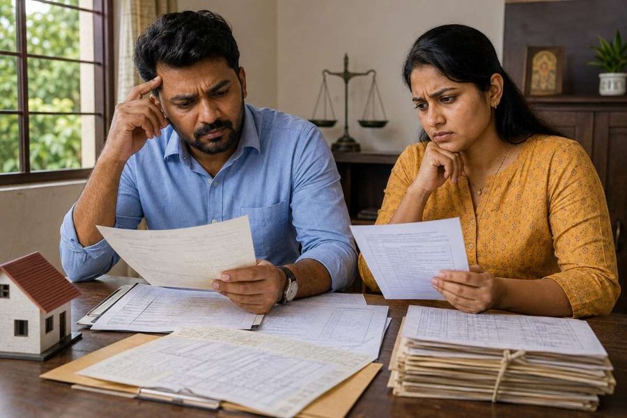 Indian couple reviewing property title documents and land records with concern during a legal property verification process.